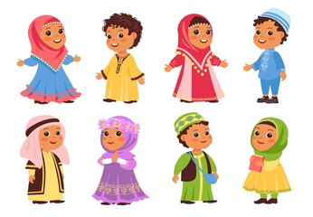 Muslim kids. Funny Arab boys and girls in traditional clothes. Happy little Islamic children national outfit. Young people wear hijab or skullcap. Vector persons set in Arabian clothing