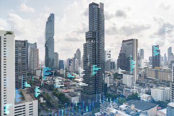 Fototapeta premium Forex and stock market chart hologram over panorama city view of Bangkok, the financial center in Southeast Asia. The concept of international trading. Double exposure.