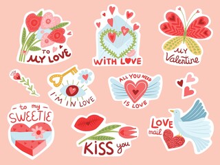 Cute love day elements stickers. Romantic valentines, labels with hearts and lettering, holiday pink emblems, kisses and flowers, February holiday symbols, vector cartoon isolated set