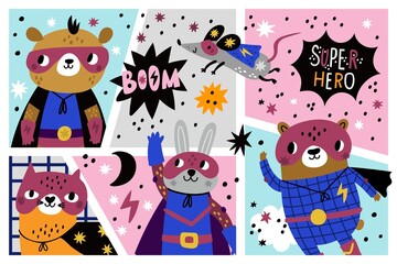 Comic frames with animals superheroes. Cute cartoon characters in masks and capes, forest wildlife in comics style design, cat and fox, rabbit and mouse in heroic costumes vector concept