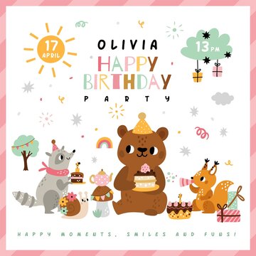Animals birthday party poster. Kids holiday invitation with cute forest characters. Adorable raccoon, bear with cake, funny squirrel, childish party card, vector cartoon isolated concept