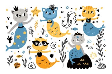 Obraz na płótnie Canvas Mermaids cats. Cute little marine characters with cats heads and fish tails, sea animals, fabulous magic creatures, underwater fairy, doodle mythological person childish vector set
