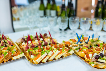 Holiday buffet tasty banquet snacks. Delicious snacks on the table.
