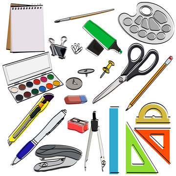 Stationery set. For school and office. Pen, pencil, notebook, rulers, sharpener, paper clip, paints, brush, marker, palette, compasses, stapler.