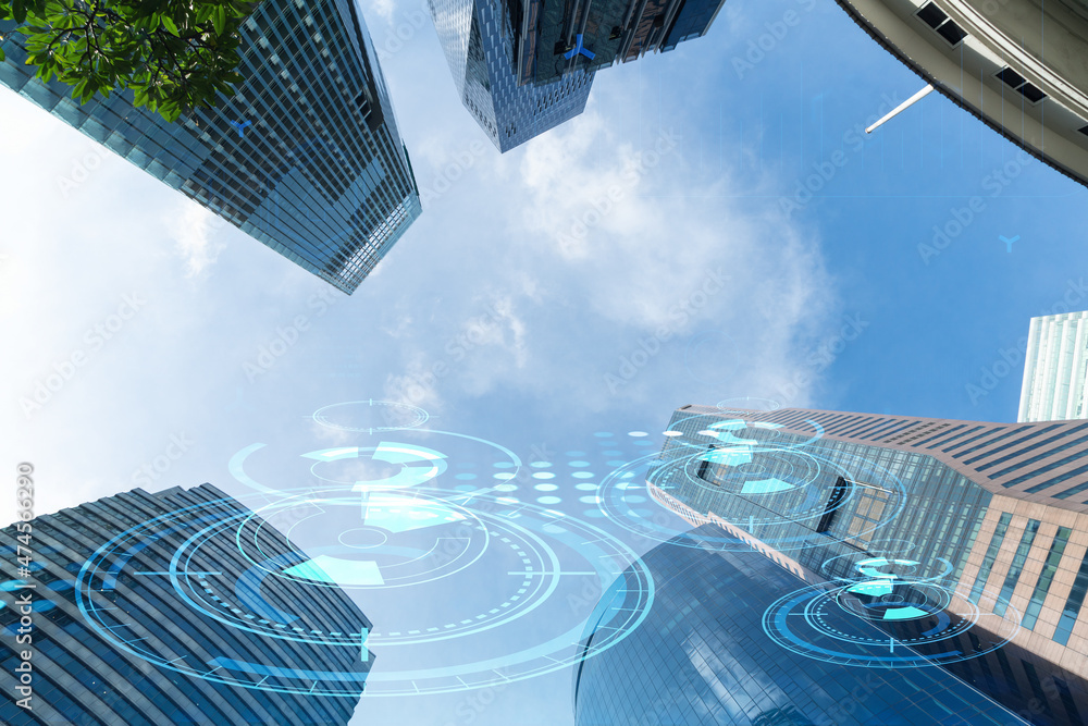 Poster technology hologram over low angle shot of singapore skyscrapers. the largest tech hub in southeast 