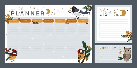 Birds to do list. Weekly planner and notes with cute winter magpie. Forest owl and titmouse on coniferous branches with cones or berries. Week schedule organizer. Vector reminder pages set © VectorBum