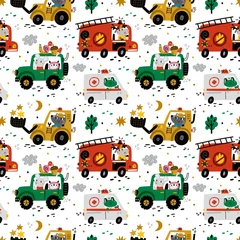 Fotobehang Seamless animal drivers pattern. Cute forest characters in different funny cartoon vehicles. Emergency and all terrain transport. Ambulance car. Truck or worker loader. Vector boys print © VectorBum