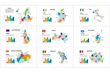 Obraz premium Set maps Europe countries by region Ireland, Italy, Luxembourg, Latvia, Scotland, North Macedonia, Maldavia, Romania