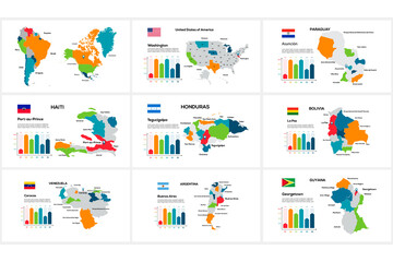 Set of maps of America countries by region USA, Paraguay, Haiti, Honduras, Bolivia, Argentina, Venezuela, Gayana