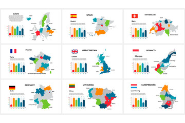 Set maps Europe countries by region Spain, Switzerland, France, Great Britain, Monaco, Germany, Lithuania, Luxembourg
