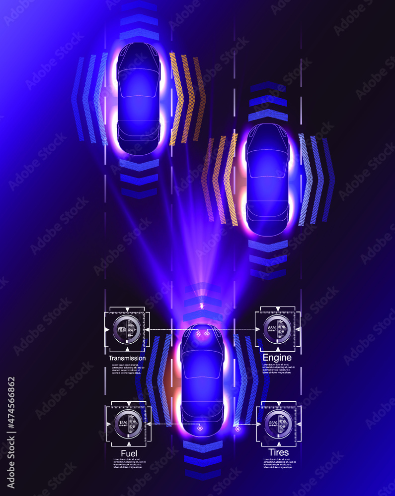 Poster automatic braking system avoid car crash from car accident. concept for driver assistance systems. a