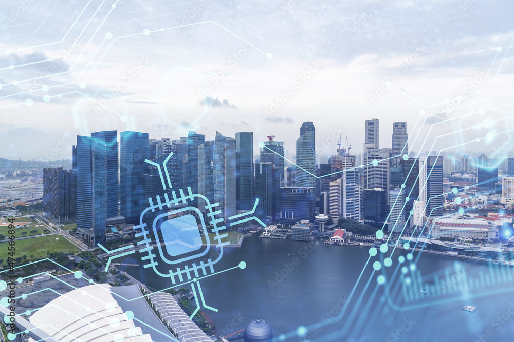 Poster technology hologram over panorama city view of singapore. the largest tech hub in asia. the concept 