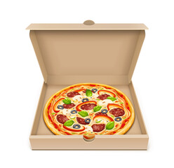 Pizza in paper box. Traditional italian food. Isolated on white background. Eps10 vector illustration.