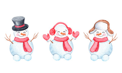 Watercolor snowman in red scarf set isolated on white