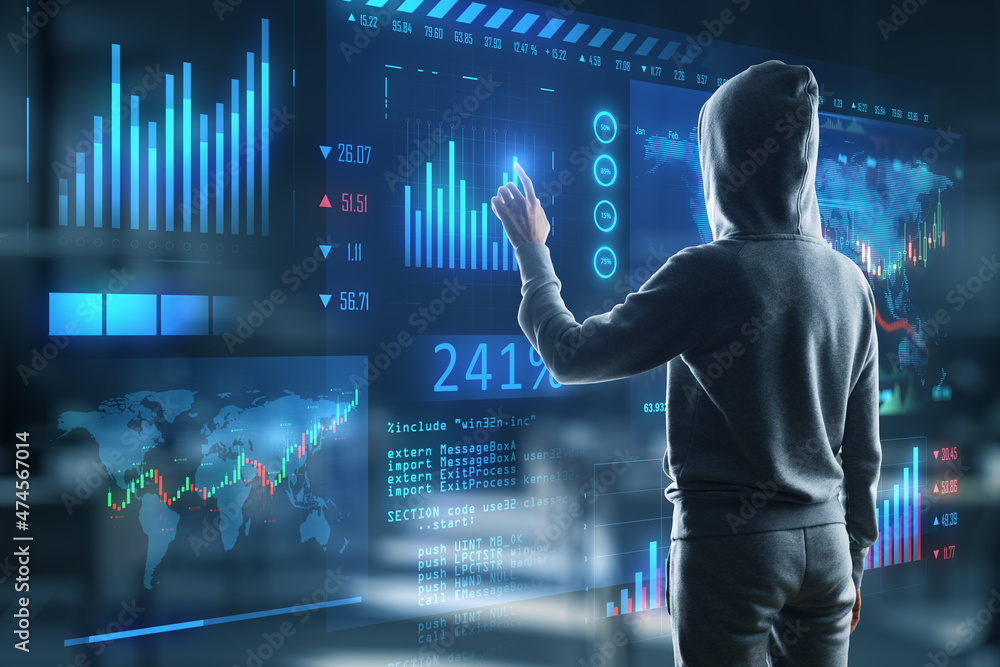 Poster Hacker in hoodie using glowing forex chart trading screen on blurry background. Market, hacking, malware, data theft, economy and data exchange concept. Double exposure.