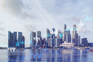 Fototapeta premium Financial stock chart hologram over panorama city view of Singapore, business center in Asia. The concept of international transactions. Double exposure.