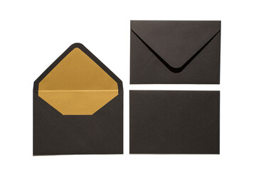 Top view photo of two open and closed stylish black envelopes and black paper sheet on isolated...