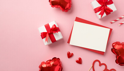 Top view photo of saint valentine's day decorations red envelope paper card small hearts gift boxes straws and heart shaped balloons on isolated pastel pink background with blank space