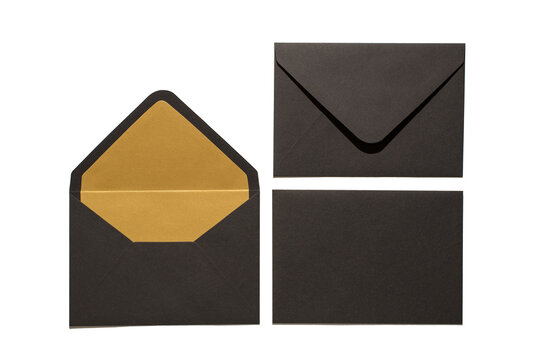 Top view photo of two open and closed stylish black envelopes and black paper sheet on isolated white background with blank space