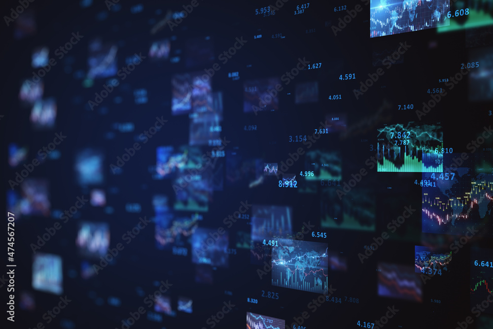 Poster abstract glowing forex charts and graphs on dark background. trade, finance, analysis and fintech co