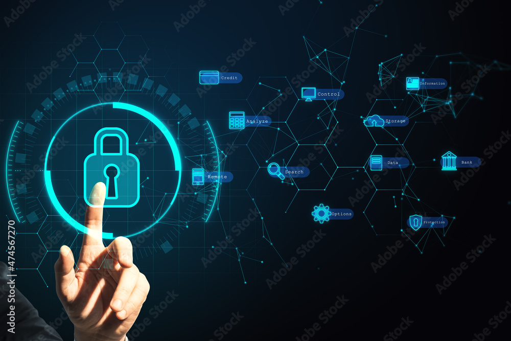 Poster close up of hand pointing at creative digital padlock interface on blurry dark background. safety, p