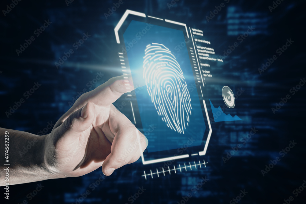 Poster close up of hand pointing at creative glowing blue fingerprint scanner interface on dark background.