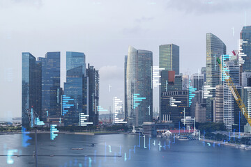 Financial stock chart hologram over panorama city view of Singapore, business center in Asia. The concept of international transactions. Double exposure.