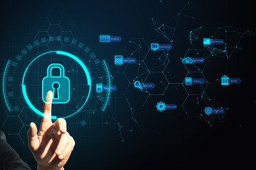 Close up of hand pointing at creative digital padlock interface on blurry dark background. Safety, protection, virtual information and security concept. Double exposure.