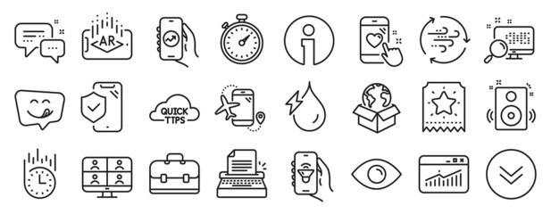 Set of Technology icons, such as Financial app, Fast delivery, Website statistics icons. Eye, Employees messenger, Augmented reality signs. Phone insurance, Loyalty ticket, Portfolio. Info. Vector