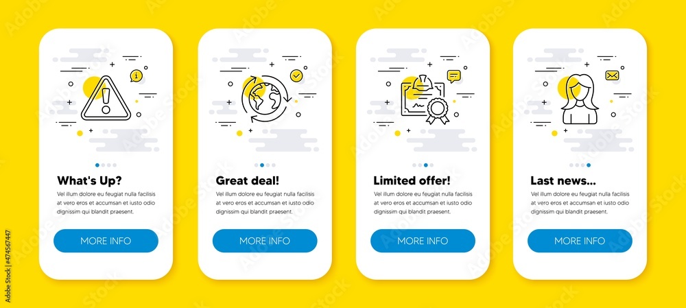Poster vector set of outsourcing, warning and certificate line icons set. ui phone app screens with line ic