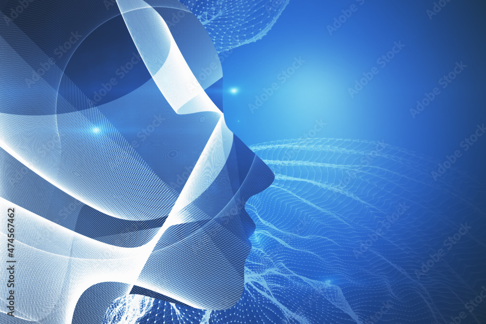 Poster creative blue wallpaper with head outline, polygonal connections and mock up place. ai, artificial i