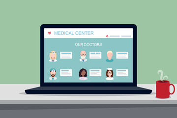 website of a medical center on a laptop screen, vector