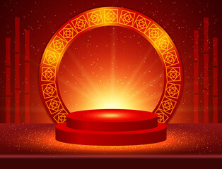 Vector Chinese new year illustration with stage pedestal, asian elements and bamboo