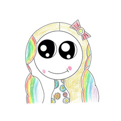 Kind Mädchen lange Haare blond Schleife Regenbogen bunt farbige Haare große Augen lachen lächelnd Freude Glück Kinderbild Illustration Zufriedenheit Harmonie Design Schüler Freizeit Hobby Abbildung
