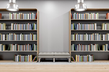 Modern library interior with bookcase, wooden flooring, bench and mock up place on wall. 3D Rendering.