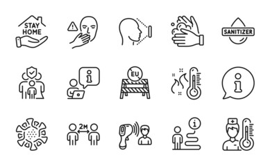 Medical icons set. Included icon as Social distancing, Thermometer, Eu close borders signs. Electronic thermometer, Dont touch, Stay home symbols. Hand sanitizer, Coronavirus, Face id. Vector