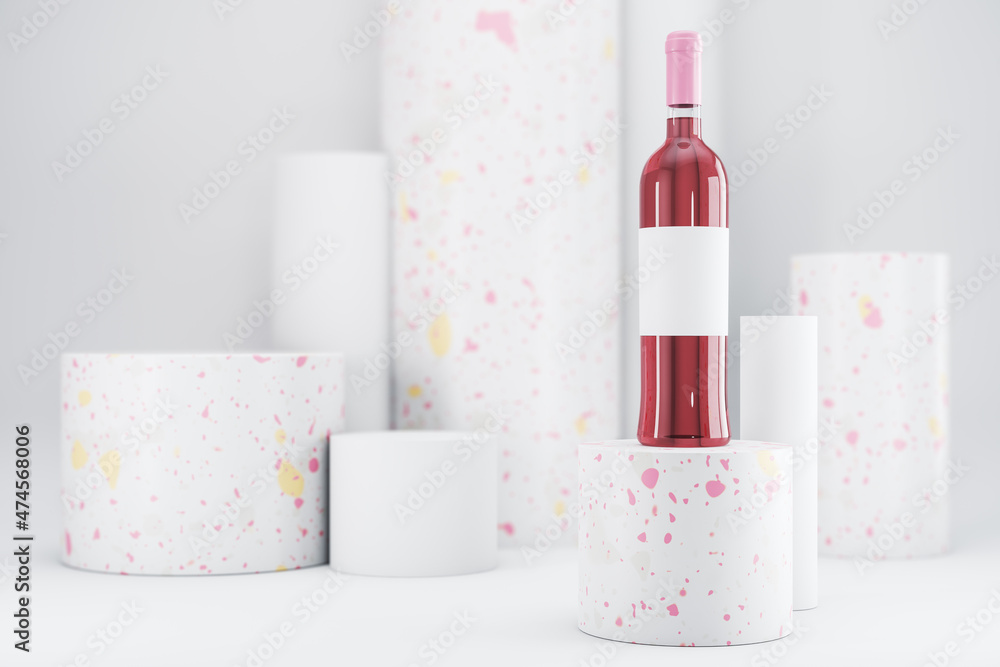 Aufkleber Pink rose wine bottle with empty mock up label on white background. Advertisement and branding, liqor and beverage concept. 3D Rendering.