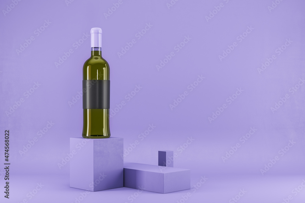 Poster Wine bottle with empty mock up label on lavender background. Advertisement and branding, liqor and beverage concept. 3D Rendering.