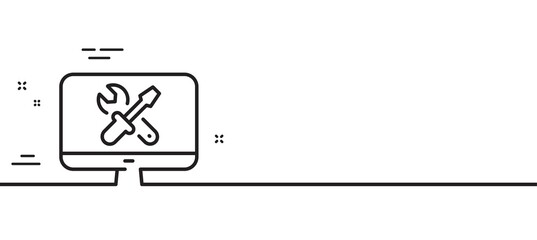 Repair computer line icon. Device service sign. Fix tv symbol. Minimal line illustration background. Repair line icon pattern banner. White web template concept. Vector