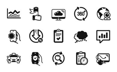 Vector set of Loan percent, Taxi and Search icons simple set. Trade infochart, Speech bubble and Security app icons. Covid app, Checklist and Exam time signs. Loan percent simple web symbol. Vector
