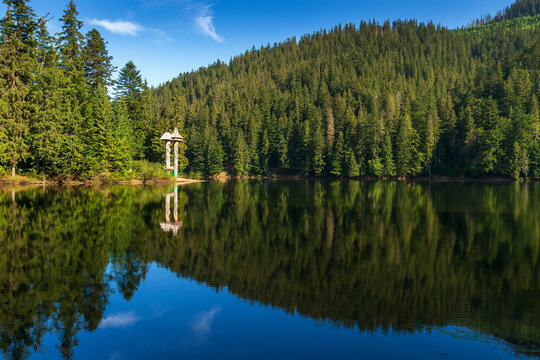 landscape with lake. green nature in summer. forest reflection in the water. beautiful vacation view. tranquil outdoor environment