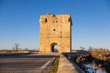 Fototapeta premium Tour Carbonnière au milieu des marais de la Petite Camargue, près d’Aigues-Mortes (Occitanie, France)