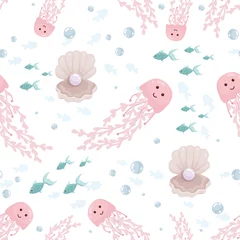 Foto op Aluminium Seamless pattern with pearls, jellyfish and fishes. Cartoon vector graphics. © Екатерина Якубович