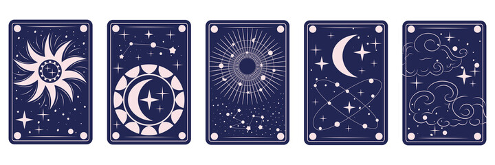 Tarot cards with sun, moon, stars and constellations.Heavenly night zodiac design. A set of tarot cards for divination. Astrology and prediction in flat style. Vector illustration - obrazy, fototapety, plakaty