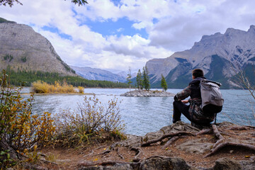Fototapeta premium Lake Minnewanka with person, Banff National Park Alberta Canada