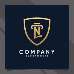 Creative shield combined law logo design initial letter n with golden style color