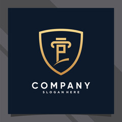 Creative shield combined law logo design initial letter p with golden style color