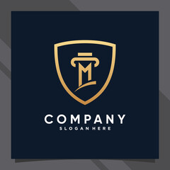 Creative shield combined law logo design initial letter m with golden style color