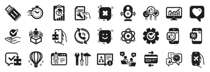 Set of Technology icons, such as Speaker, Mobile like, Puzzle icons. Air balloon, Cogwheel, Usb flash signs. Like, 5g phone, Timer. Spanner tool, Augmented reality, Approved. Heart, Atom. Vector