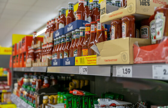 The sauces and ketchup in a supermarket.